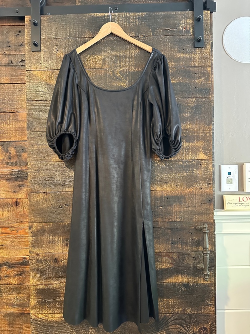 ASOS Black Puff-Sleeve Faux-Leather Midi Dress